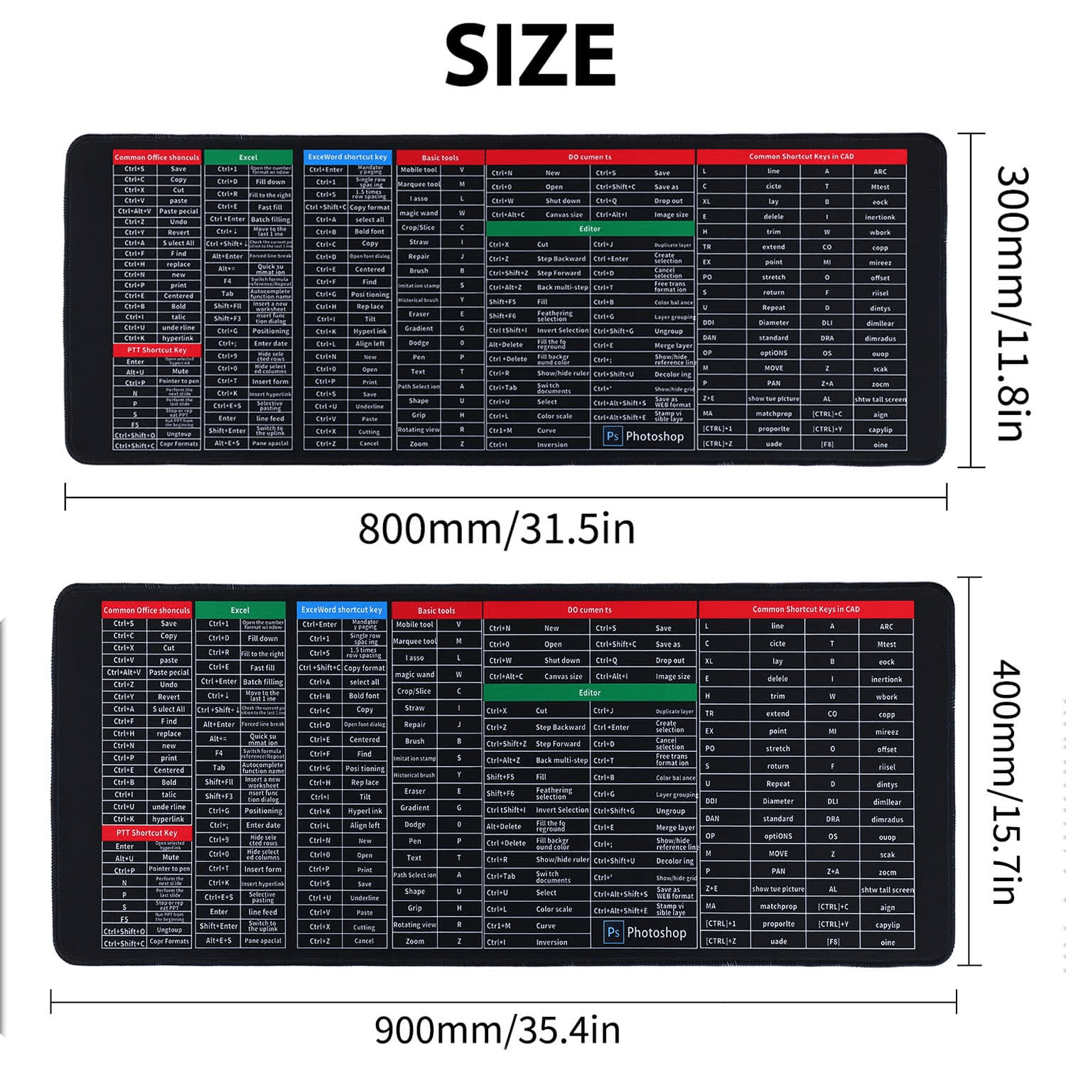 Anti-slip Keyboard Mouse Pad with Shortcut Keys excel/word/ppt/Photoshop/Browser